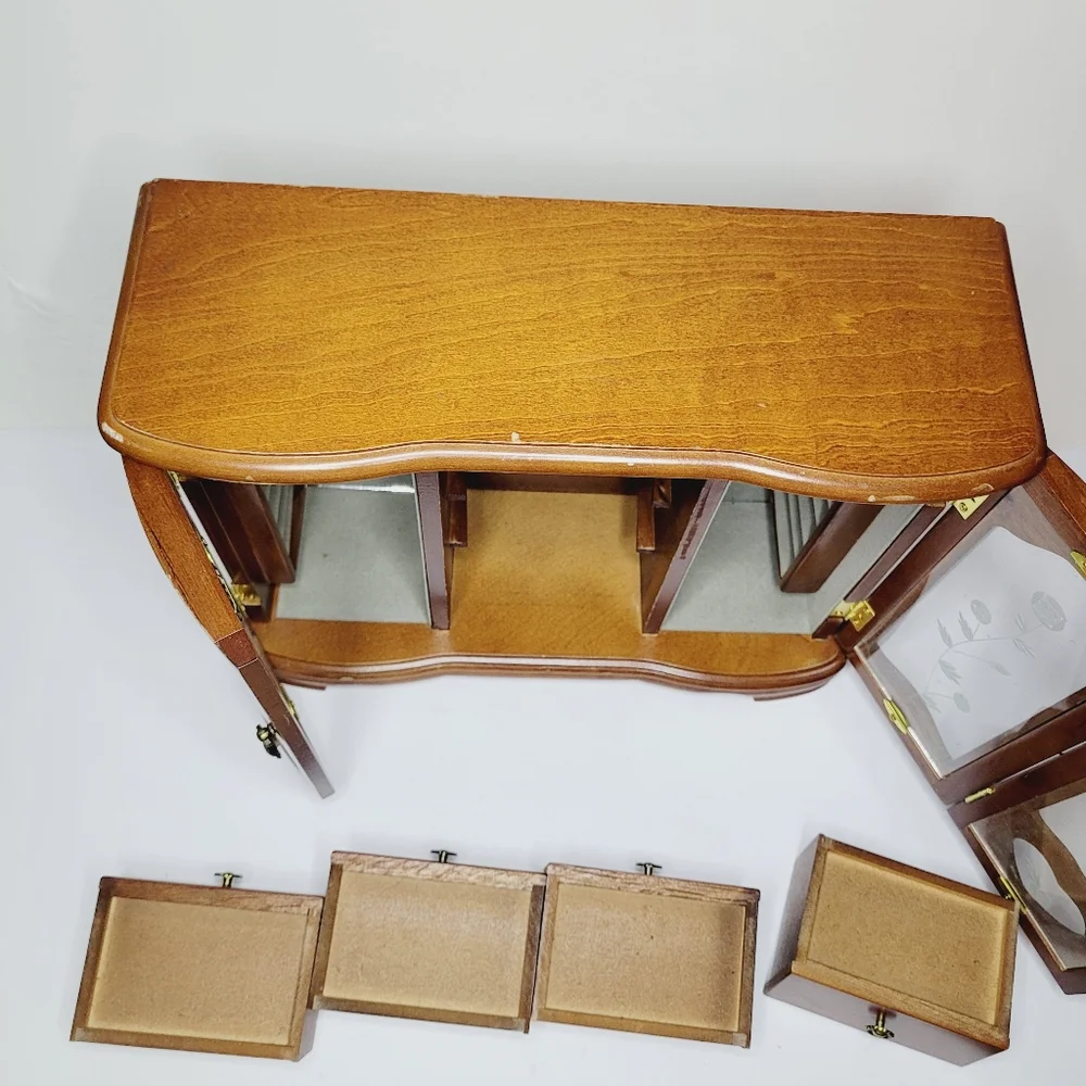 Vintage Wooden Jewelry Box Armoire Cabinet Etched Glass Doors Multiple Draws DIY